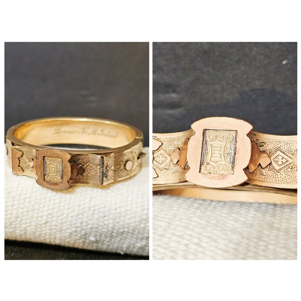 B&B Bates and Bacon Hinged Bangle‎ Bracelet Gold Copper Victorian Engraved VTG